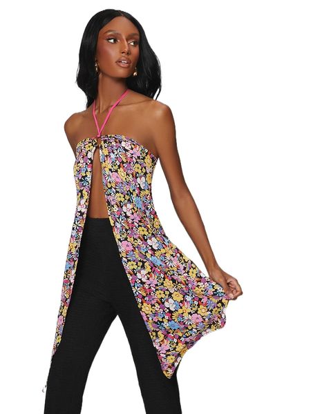 

o-ring split front tie back floral halter u7ml#, White