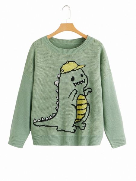 

plus dinosaur pattern drop shoulder sweater k1jc#, Black
