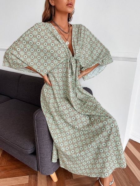 

allover print knot front smock dress k5ao#, Black;gray