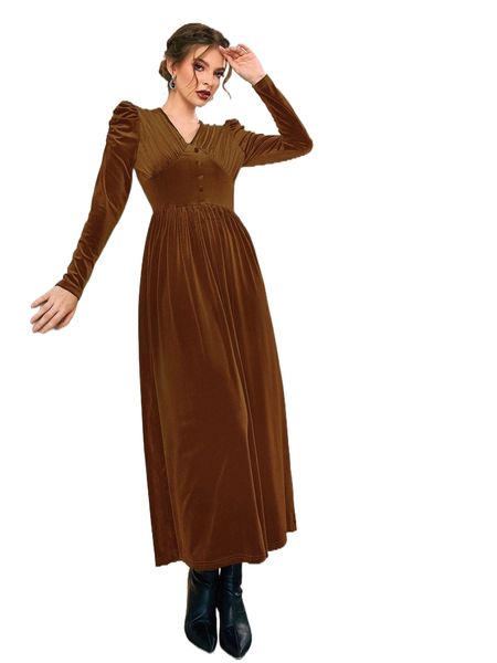 

empire waist puff sleeve velvet dress q77z#, Black;gray