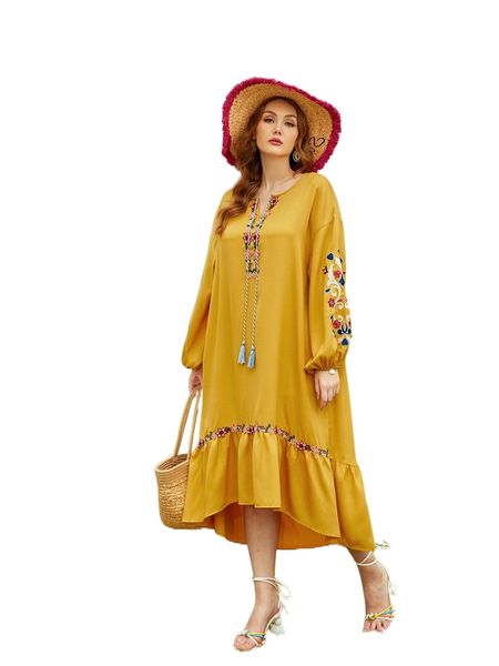 

plus floral embroidery fringe lantern sleeve ruffle hem dress p7hr#, Black