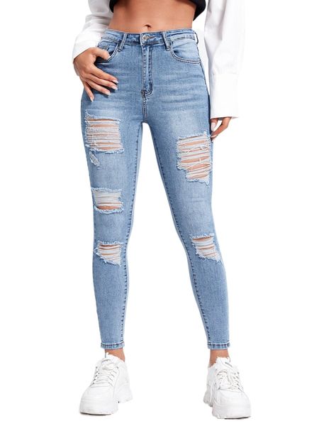 

slant pocket ripped skinny jeans h443#, Blue