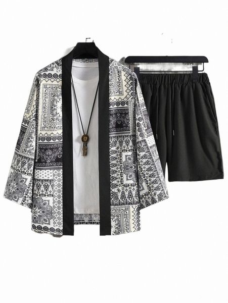

men scarf print kimono & drawstring waist shorts without tee y1kz#, Gray
