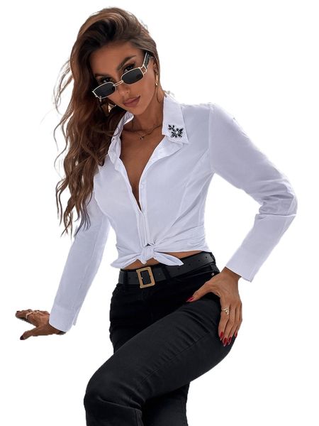 

appliques button front blouse a4ag#, White