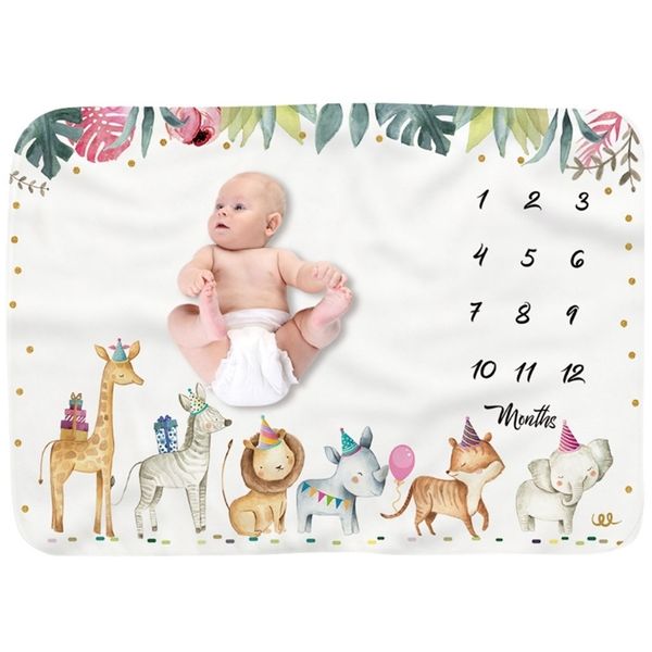 Baby Monthly Record Crescita Milestone Coperta nata Morbida Flanella Cartone Animato Animale Stampato Wrap Pography Puntelli 220524