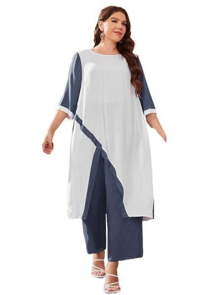 

plus colorblock asymmetrical hem longline & pants set w6ax#, Black