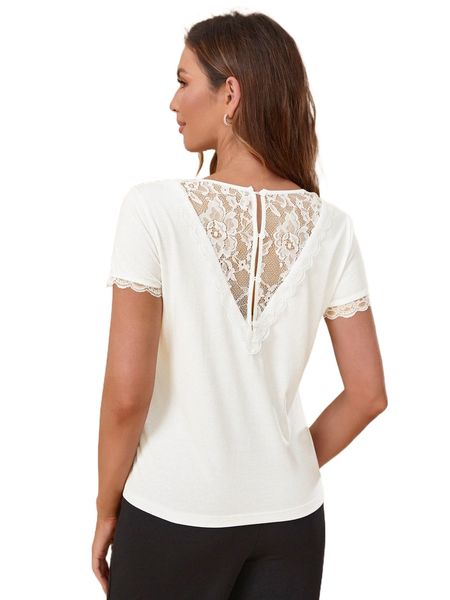 

l.ace insert crew n.eck tee p4ah#, White