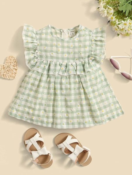 

baby gingham and daisy floral print ruffle armhole she, Blue