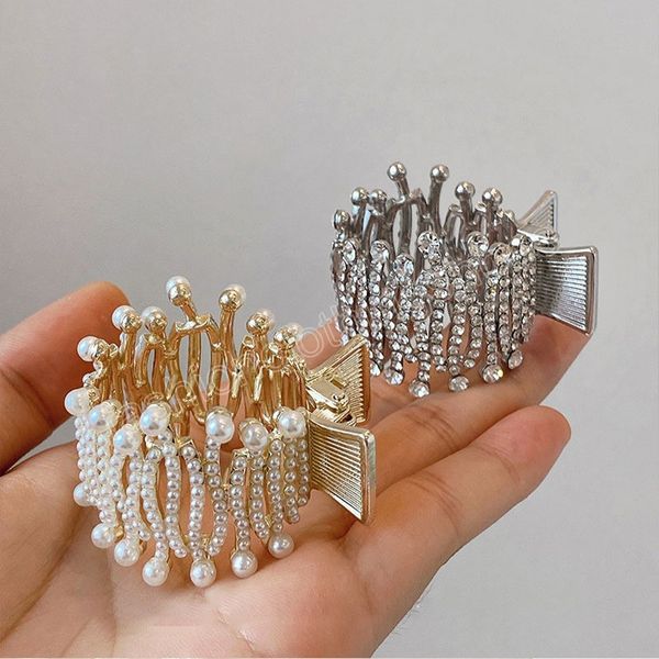 

shiny rhinestones hair claw crystal pearl hairpins headdress women hair jewelry elegant ponytail hair clip hairgrips, Slivery;white