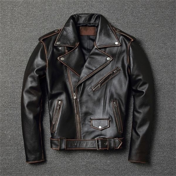 YR Sales klassische Motorradjacke aus echtem Leder, schmaler Rindsledermantel, Mode, Vintage-Kleidung, Übergröße, LJ201029