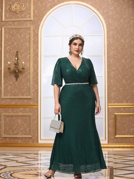 

plus surplice neck butterfly sleeve sequin maxi dress without belt r0zm#, Black