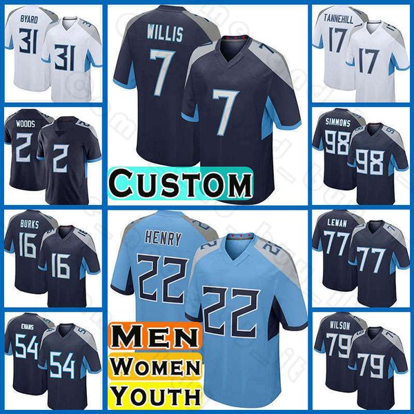 

22 derrick henry football malik willis treylon burks jerseys jeffery simmons robert woods tennessee ryan tannehill titans kevin byard taylor, Black;red