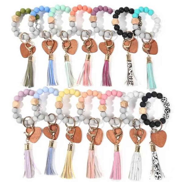 

14 colors stock love wood chip bracelet keychain wristlet key chain silicone bead bracelet tassels handchain key ring party favor xu