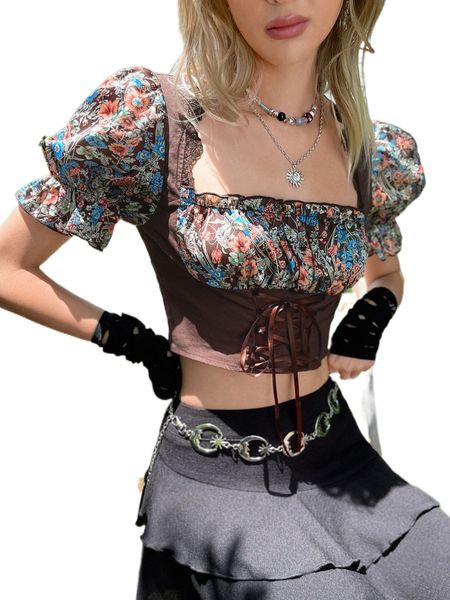 

floral print ruched bust puff sleeve lace up front crop blouse u3o0#, White