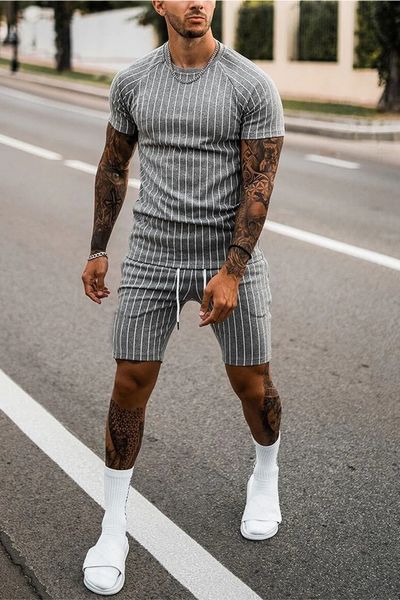 

mens sets casual sport suit tshirt tracksuit 2 piece set clothing printed outfits oversized streetwear man clothes 220602, Gray