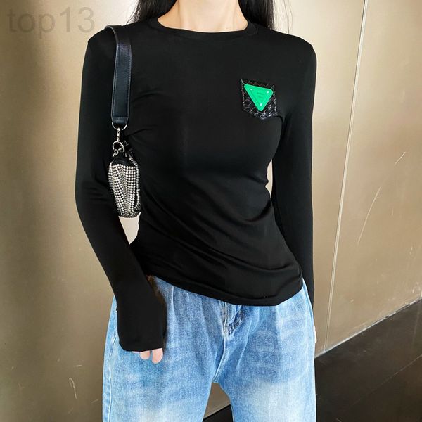 

women's t-shirt designer chaopai 22zao bv new stitching woven triangular leather label comfortable cotton plush long sleeve casual t-sh, White