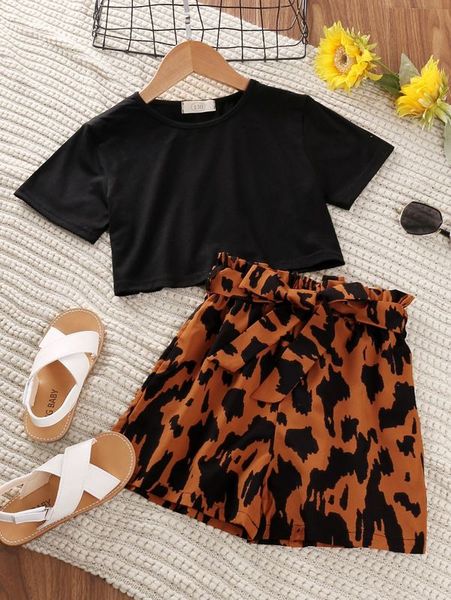 

girls solid tee & allover print paperbag waist belted shorts she, White