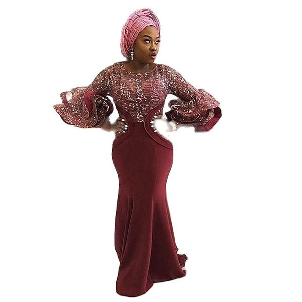 

african women mermaid evening dresses sequined lace and satin 3/4 long sleeves ruffles prom gowns robes de soirÃ©e, Black;red