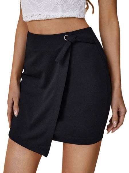 

solid wrap hem skirt h854#, Black