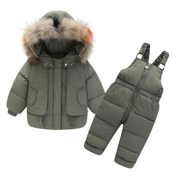 

winter children down jacket set large wool collar two piece set for boys and girls warm plush thickened jumpsuit j220718, Blue;gray