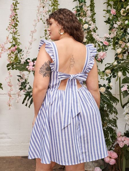 

plus tied open back striped dress 3969#, Black