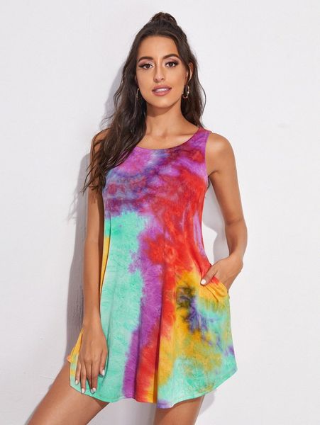 

slant pocket curved hem tie dye dress l9b0#, Black;gray