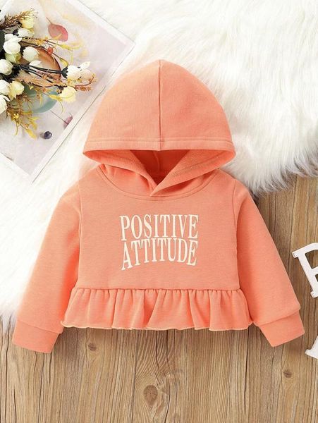 

baby letter graphic ruffle hem thermal lined hoodie she, Black