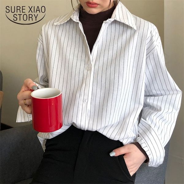 

female streetwear blouse women striped shirt spring winter long sleeve casual loose shirts oversize fashion clothing 210302, White