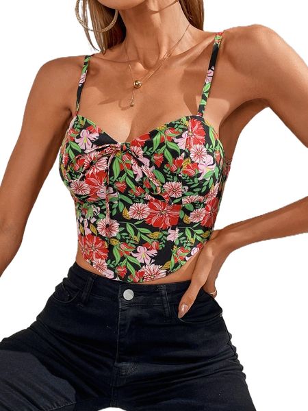 

floral print tie front curved hem cami m9q3#, White