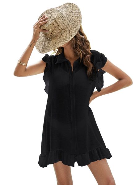 

button front ruffle hem kimono t3ym#, White;black