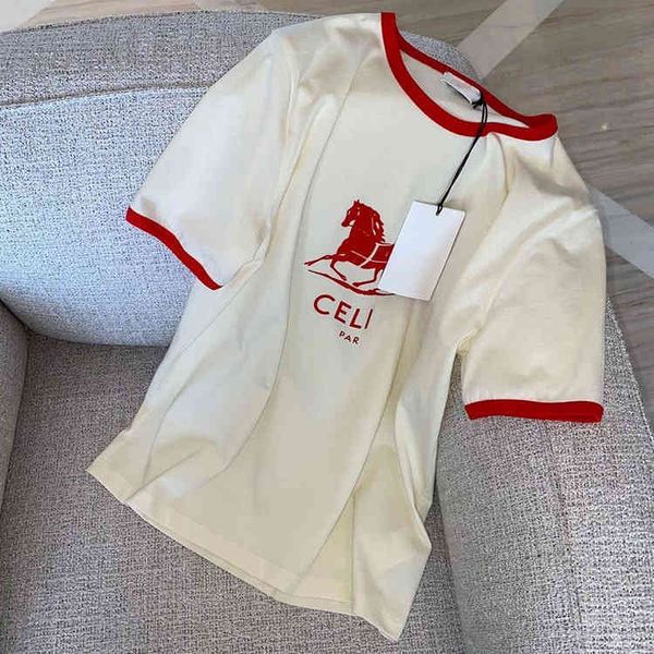 

spring and summer new ce carriage letter printing round neck straight tube loose casual men's and women's fashion brand short slee, White