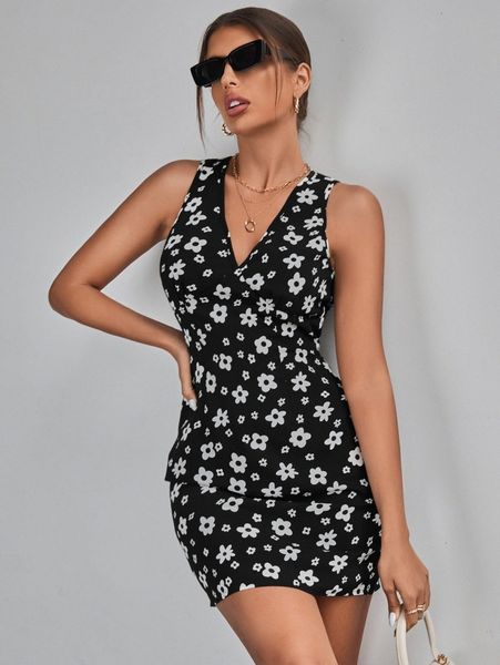 

allover floral print bodycon dress n1no#, Black;gray