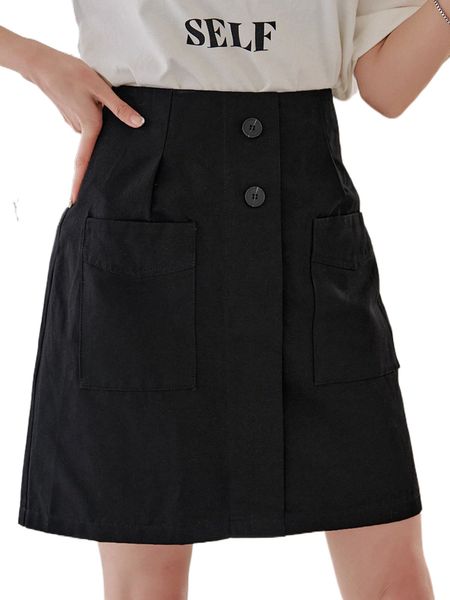 

dazy dual pocket button front skirt 02oi#, Black