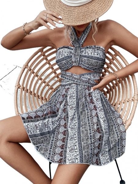 

paisley print crisscross tie backless crop halter & skirt g2yp#, White