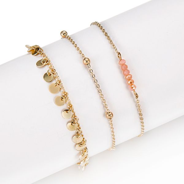

docona bohemian gold sequins tassel anklets for women simple beaded multilayer metal anklet set beach party jewelry 3pcs/set, Red;blue