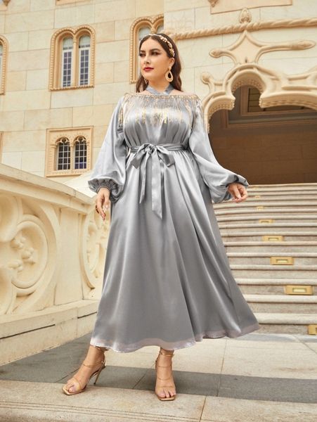 

plus fringe trim lantern sleeve belted satin dress 061f#, Black