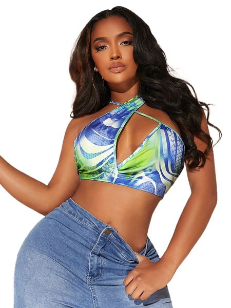 

sxy graphic pattern criss cross crop halter 23n7#, White