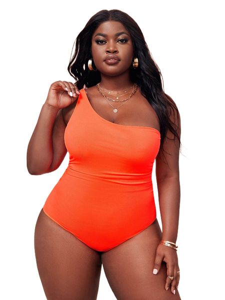 

plus neon orange one shoulder one piece swimsuit i3dx#, White;black