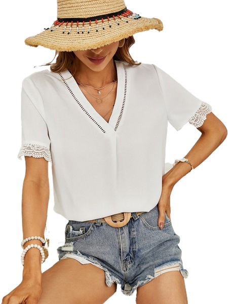 

solid flounce sleeve contrast lace eyelet detail blouse w3fw#, White