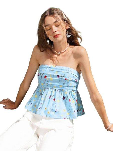 

floral print shirred back peplum tube j8if#, White