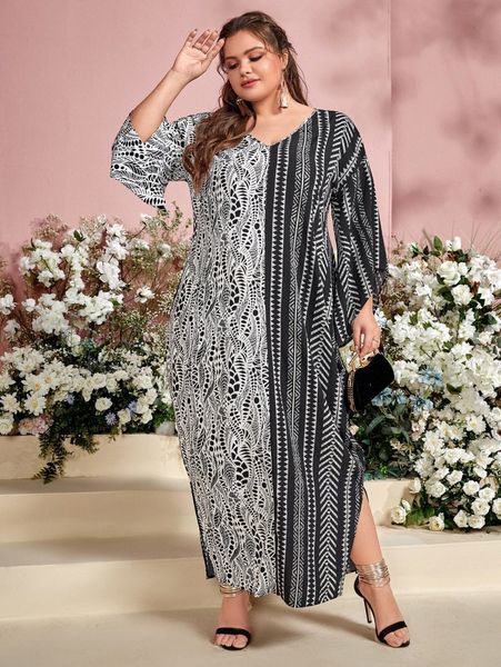 

plus geo print split side colorblock dress 781r#, Black