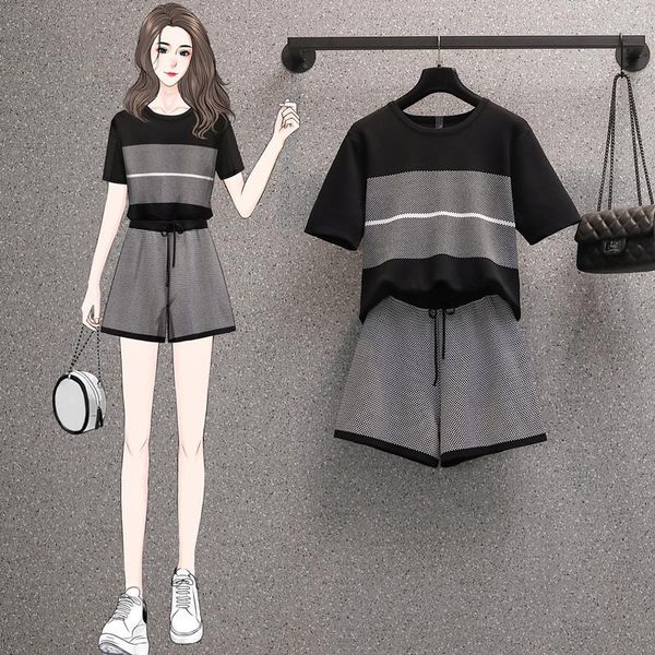 

women's tracksuits 4xl plus size women clothes summer fashion short sleeve round neck stripe shorts two piece suit, Gray