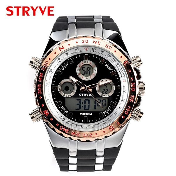 

new arrivals timelimited big s stryve dual movement s8002 new style mens 3degree waterproof multifunction sports watch 180s, Slivery;brown