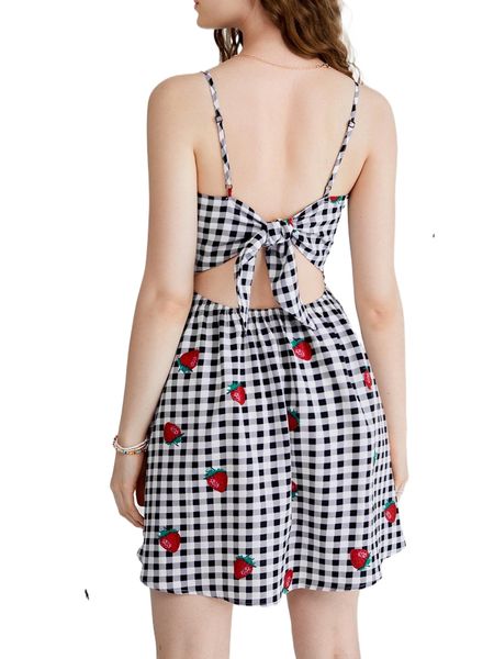 

1pc strawberry & gingham print twist knotted back cami dress 52qf#, Black;gray