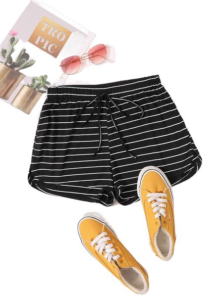 

tie front striped dolphin shorts 23aq#, White;black