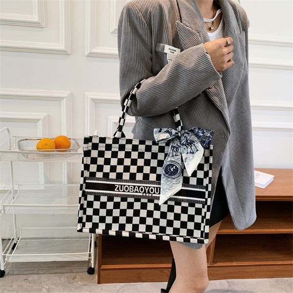 

high sense women's trend high-capacity foreign style chessboard check silk scarf tote 80% off wholesale store