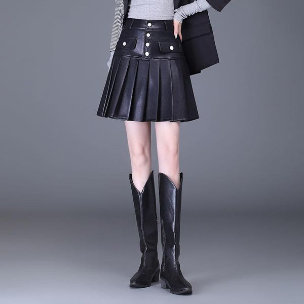 

skirts women 2022 autumn winter high waist a-line female mini pleated ladies loose pu leather short t857, Black