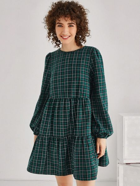 

plaid print lantern sleeve ruffle hem dress 900e#, Black;gray