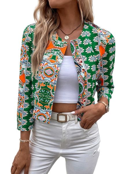 

floral print open front jacket r5s2#, Black;brown