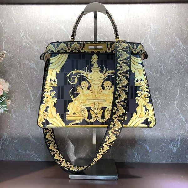 

handbags tote bag genuine leather gold print square rotary lock removable strap interior pocket fashion letters crossbody shoulder bags